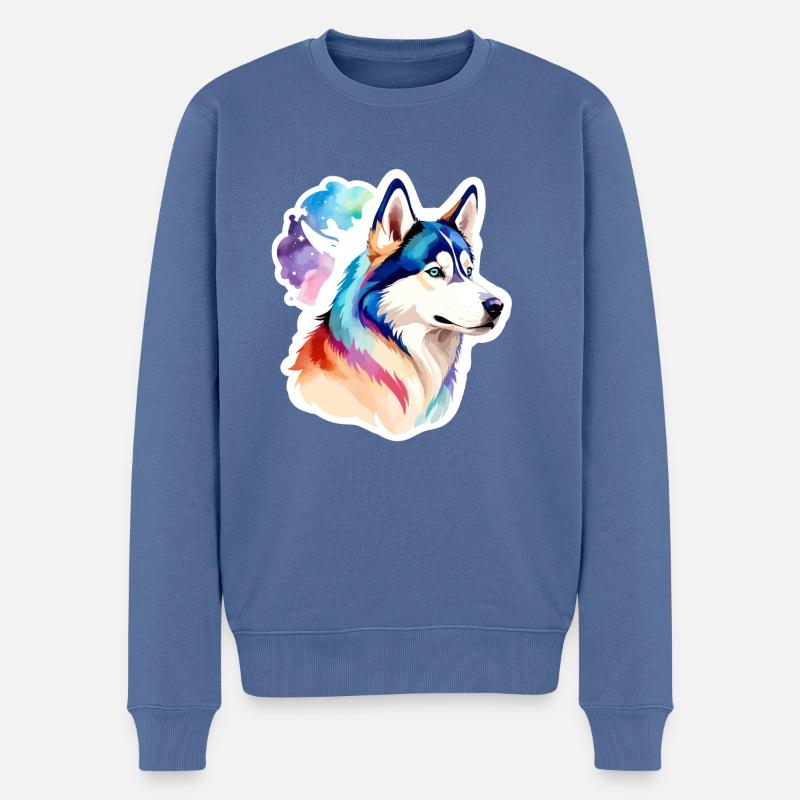 Husky de Sibérie Aquarelles - Pull Premium bio Homme - bleu pigeon