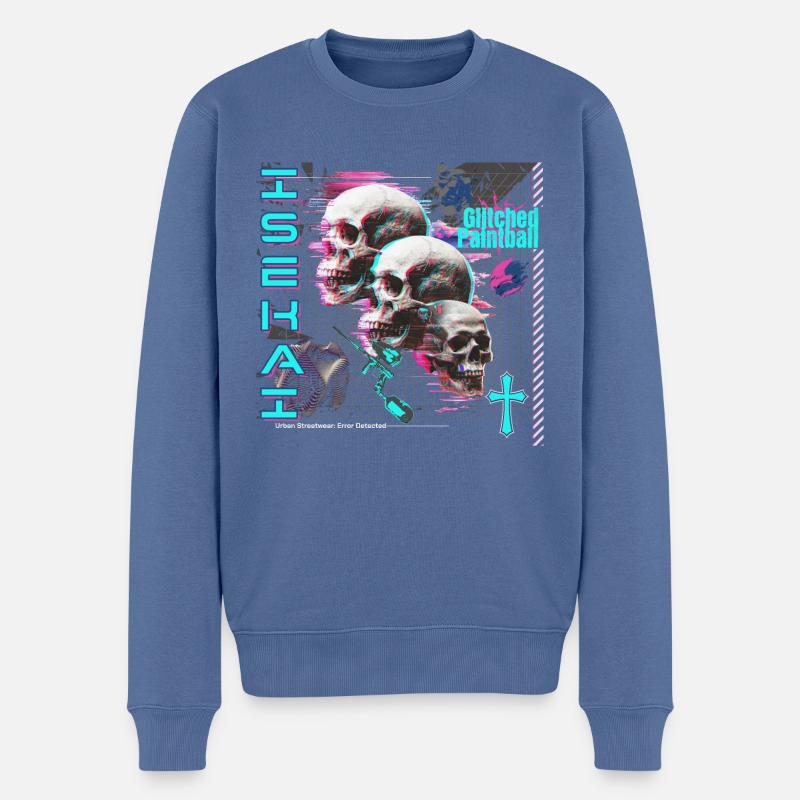 Isekai paintball glitché, crânes - Pull Premium bio Homme - bleu pigeon