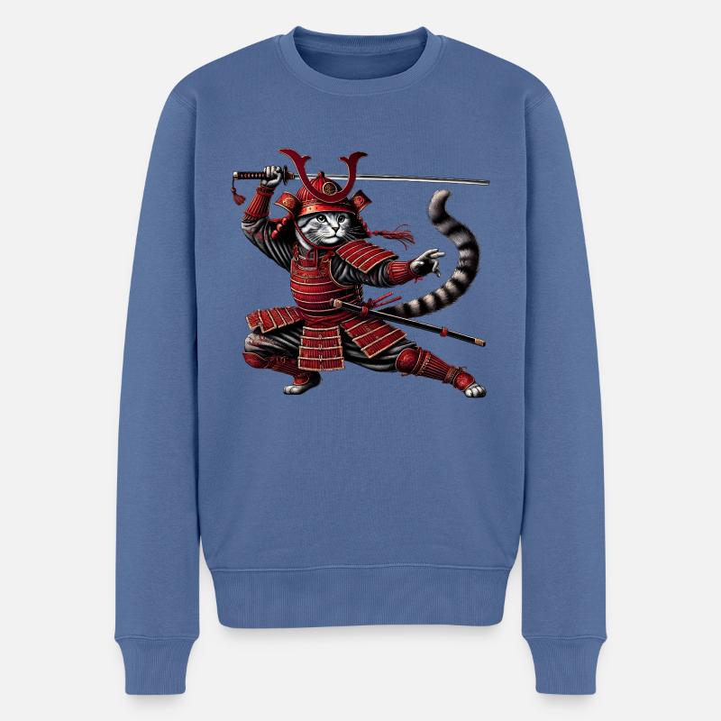 Chat samouraï - Pull Premium bio Homme - bleu pigeon