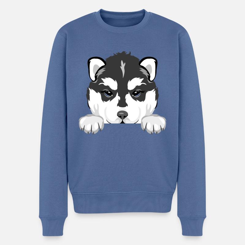 Chiot husky qui regarde - Pull Premium bio Homme - bleu pigeon