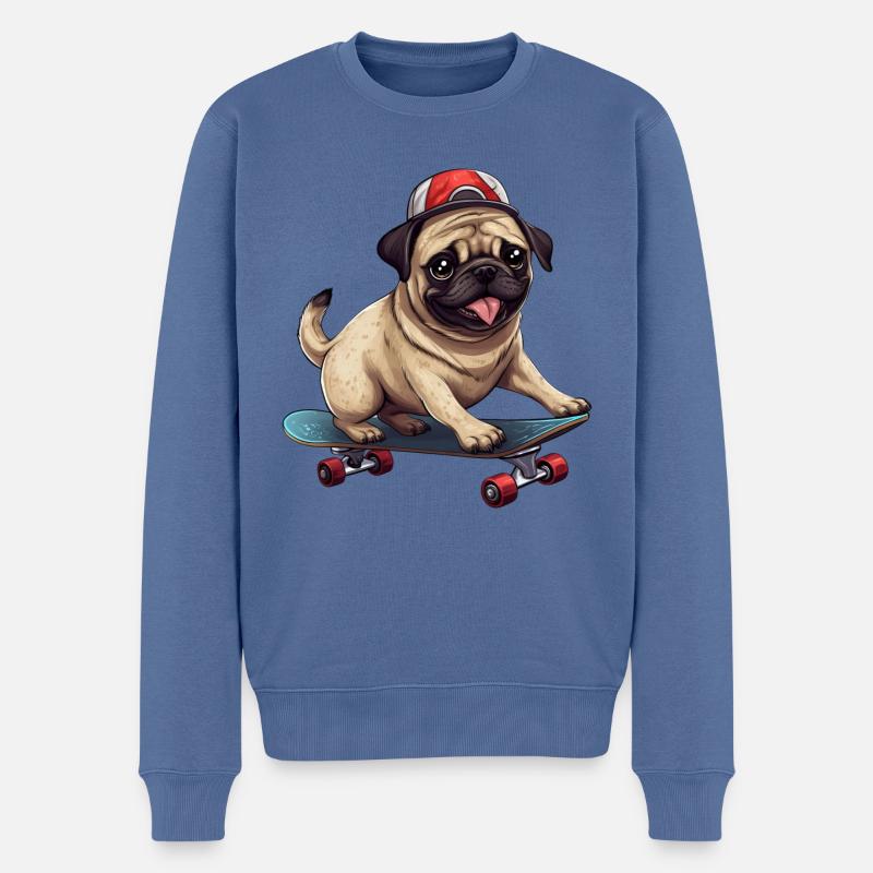 Skateboardender Mops: Dynamisches Hund- und - Männer Premium Bio Pullover - Taubenblau
