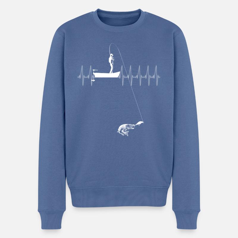 Pêcheur de brochet en barque (cardiaque, Blanc). - Pull Premium bio Homme - bleu pigeon
