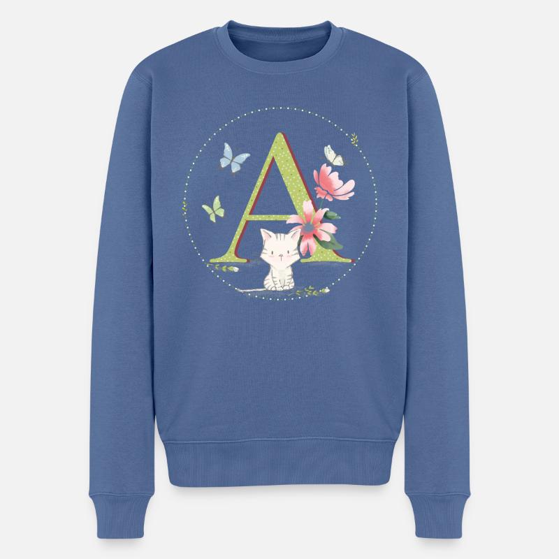 Lettre initiale A avec chat - Pull Premium bio Homme - bleu pigeon