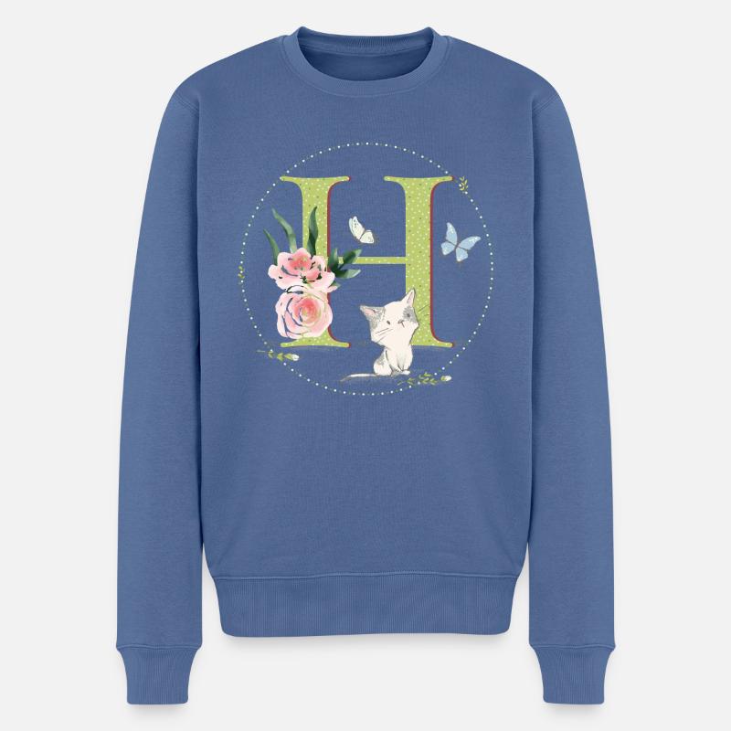 Lettre initiale A avec chat - Pull Premium bio Homme - bleu pigeon