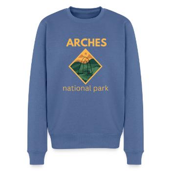 Arches national park Utah with yellow text - Men's Premium Organic Jumper - stone blue - Front - Nico (187cm)