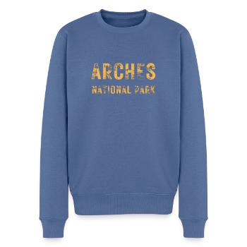 arches national park vintage Utah with yellow text - Men's Premium Organic Jumper - stone blue - Front - Nico (187cm)