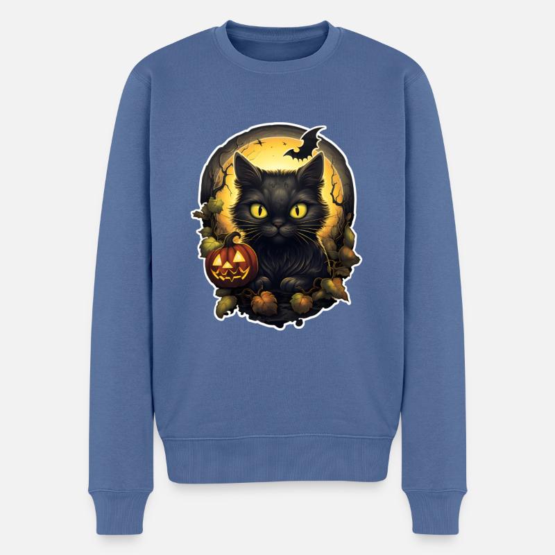 Chat noir d’Halloween avec citrouille - Pull Premium bio Homme - bleu pigeon