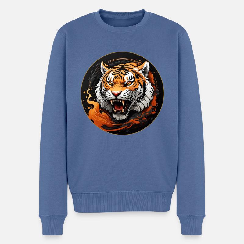 Tigerportrait Raubkatzendesign fauchender Tiger - Männer Premium Bio Pullover - Taubenblau