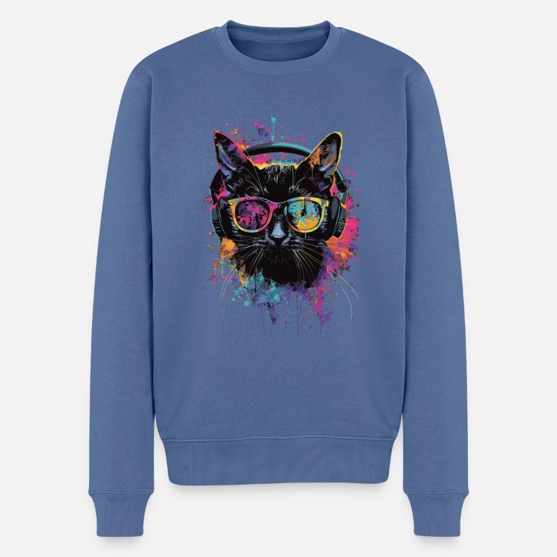 Chat noir - Pull Premium bio Homme - bleu pigeon