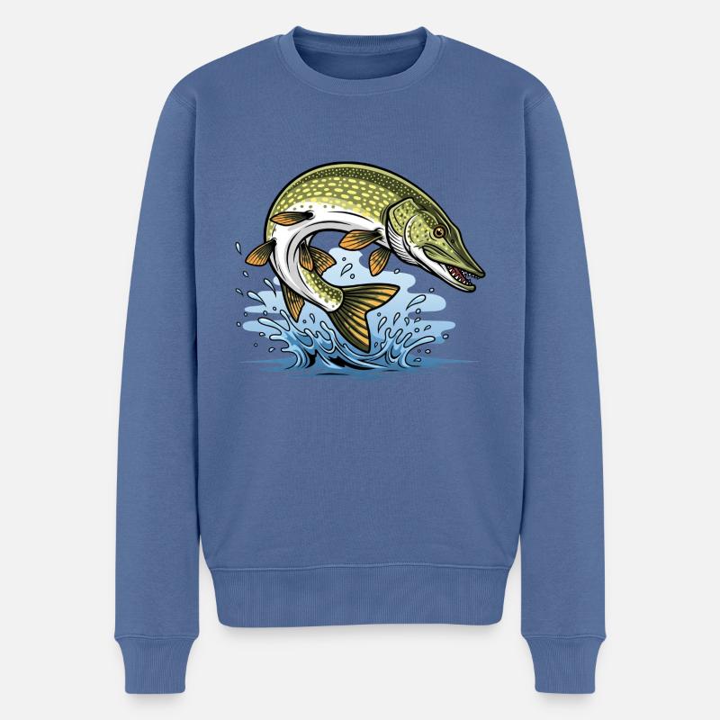 Brochet Esox Lucius Pêche - Pull Premium bio Homme - bleu pigeon