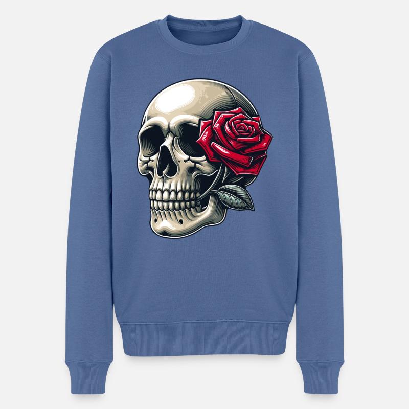 Crâne avec rose entre les dents - Pull Premium bio Homme - bleu pigeon