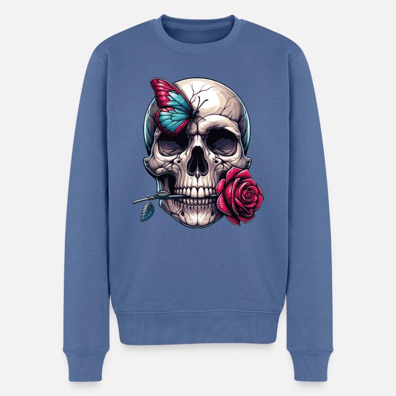 Crâne avec rose rouge et papillon - Pull Premium bio Homme - bleu pigeon