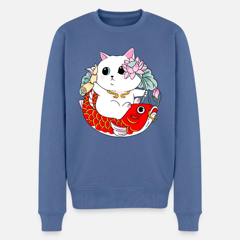 Chat et poisson Koi - Pull Premium bio Homme - bleu pigeon