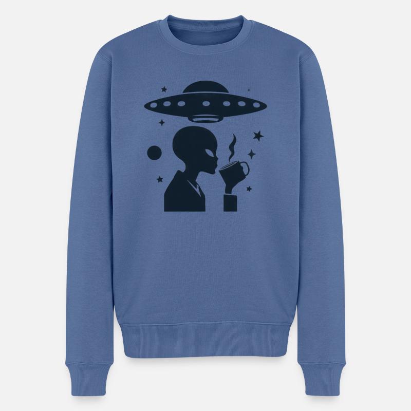Alien-Silhouette mit Kaffee & UFO - Männer Premium Bio Pullover - Taubenblau