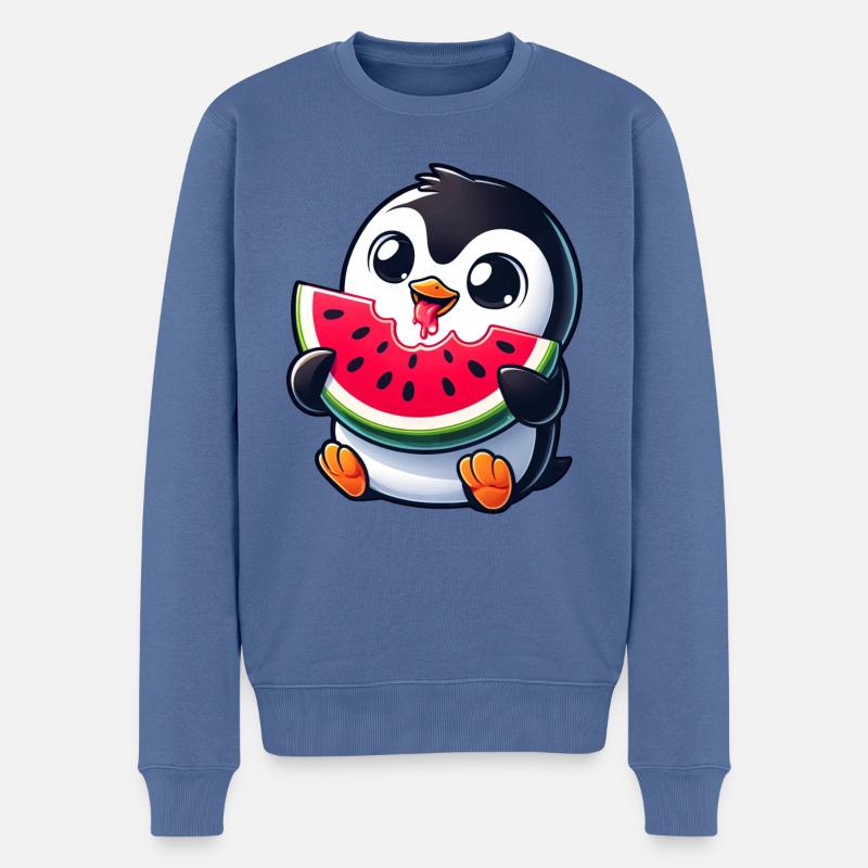Pinguin mit Wassermelone Cartoon - Männer Premium Bio Pullover - Taubenblau
