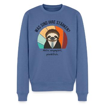Faultier - Jobinterview (schwarze Schrift) - Männer Premium Bio Pullover - Taubenblau - Vorne - Nico (187cm)