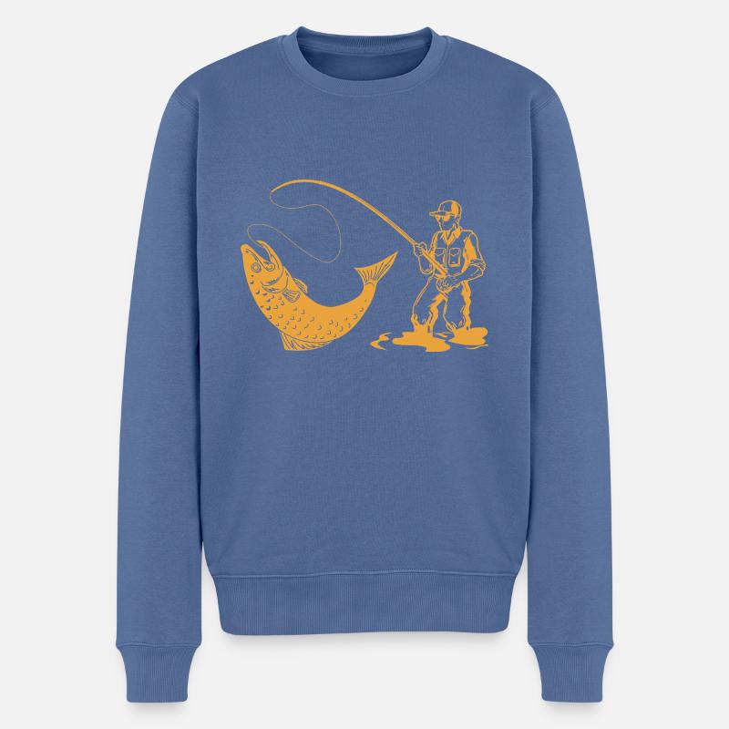 Angler Silhouette mit Angelrute und Forelle - Männer Premium Bio Pullover - Taubenblau