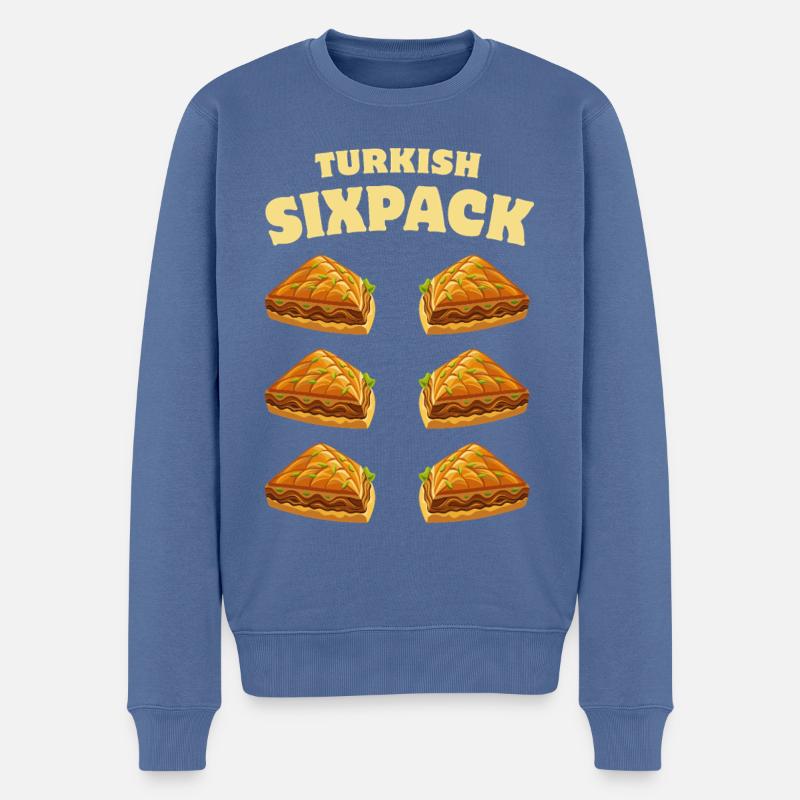 Baklava - Sixpack turc - Dessert - Dicton - Pull Premium bio Homme - bleu pigeon