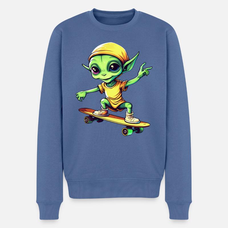 Alien vert sur skateboard : Intergalactique - Pull Premium bio Homme - bleu pigeon