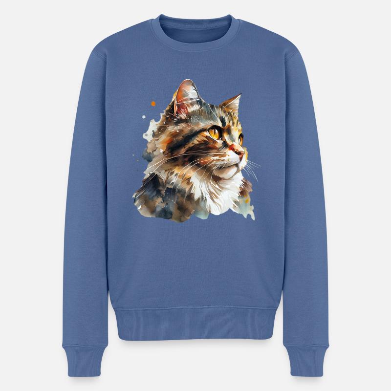 Aquarellporträt einer flauschigen roten Katze - Männer Premium Bio Pullover - Taubenblau