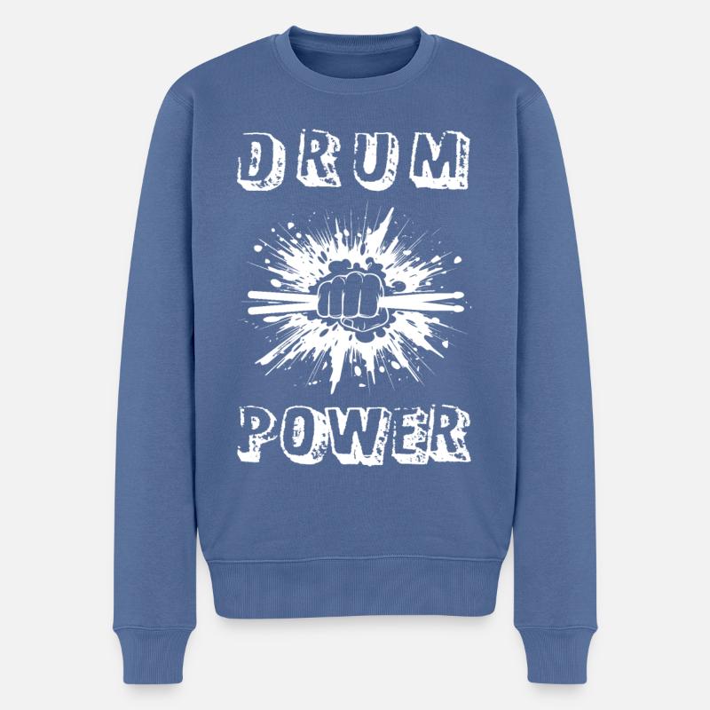 « DRUM POWER » - Batterie - Percussions - Pull Premium bio Homme - bleu pigeon