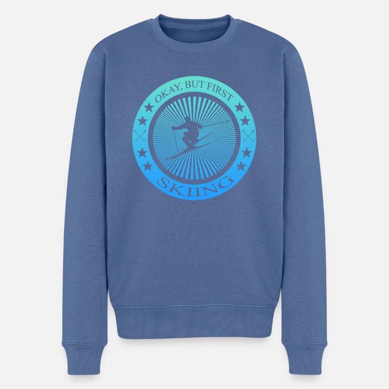 Okay but first skiing - Männer Premium Bio Pullover - Taubenblau