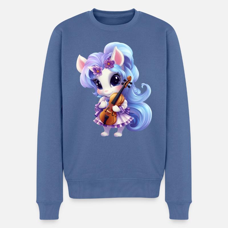 Einhorn mit Blumenkleid und Violine – - Männer Premium Bio Pullover - Taubenblau