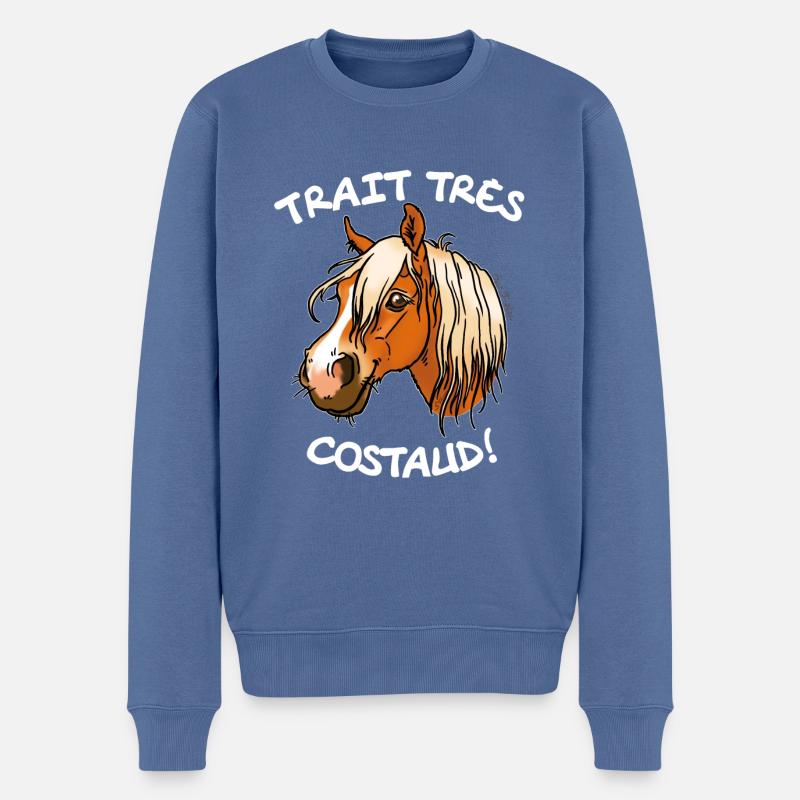 Cheval de trait comtois (texte blanc) - Pull Premium bio Homme - bleu pigeon