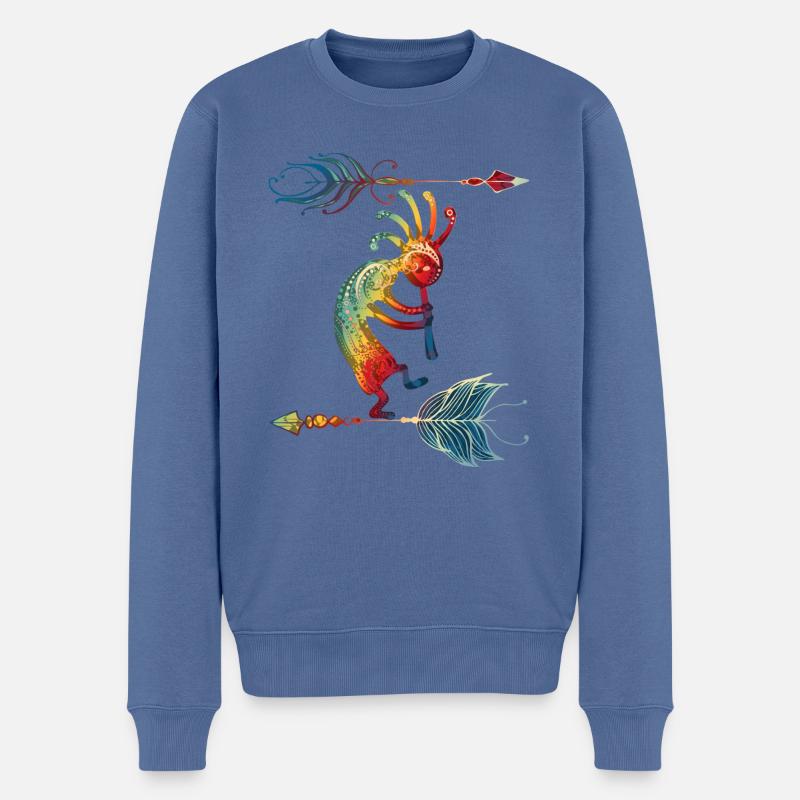 Native American Kokopelli With Two Feathers 1 - Männer Premium Bio Pullover - Taubenblau