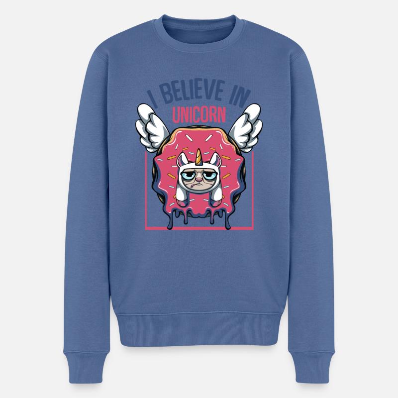 I Believe In Unicorn | Donut Katzen Candy Geschenk - Männer Premium Bio Pullover - Taubenblau