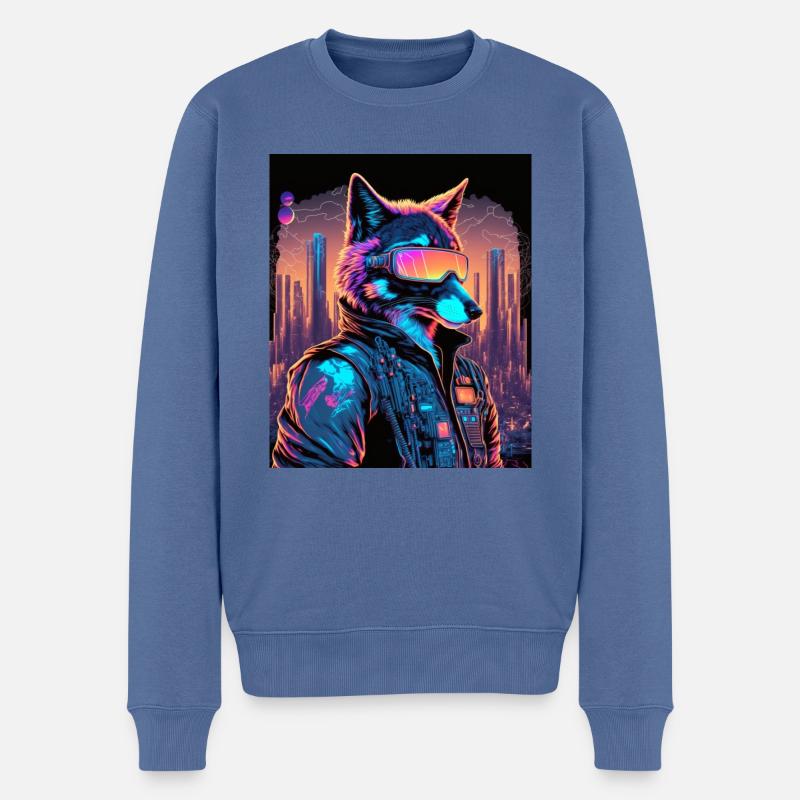 Retro Futuristic Synthwave Fox - Männer Premium Bio Pullover - Taubenblau