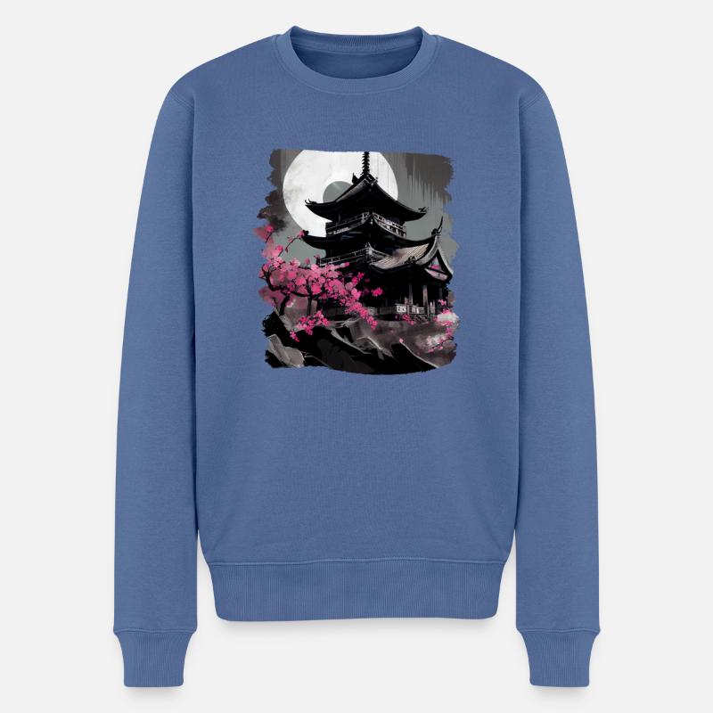 Vintage Japanische Sakura Kirschblüten Tempel - Männer Premium Bio Pullover - Taubenblau
