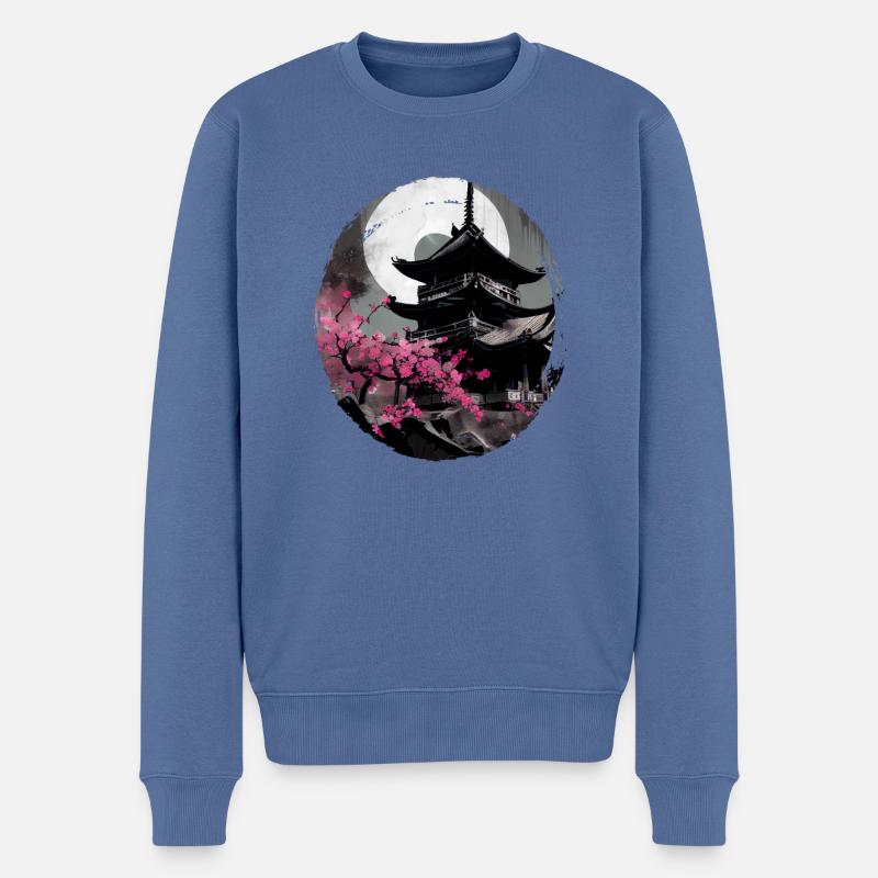 Vintage Japanische Sakura Kirschblüten Tempel - Männer Premium Bio Pullover - Taubenblau