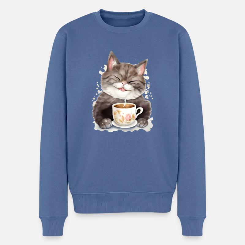 Katze mit Kaffee -Aquarellstil - Männer Premium Bio Pullover - Taubenblau