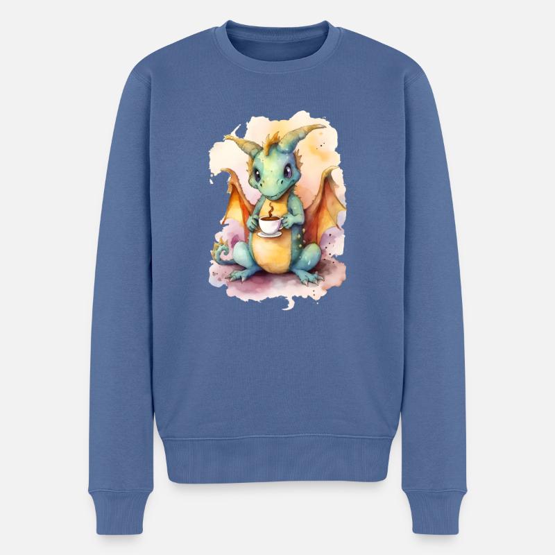 Drache mit Kaffee -Aquarellstil - Männer Premium Bio Pullover - Taubenblau