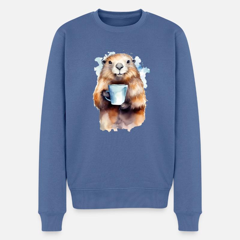 Marmot mit Kaffee -Aquarellstil - Männer Premium Bio Pullover - Taubenblau