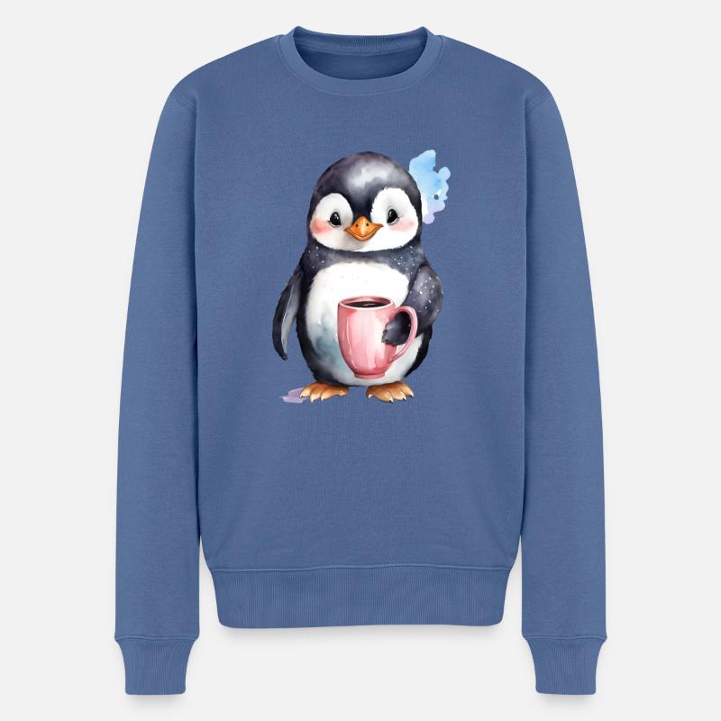 Pinguin mit Kaffee -Aquarellstil - Männer Premium Bio Pullover - Taubenblau