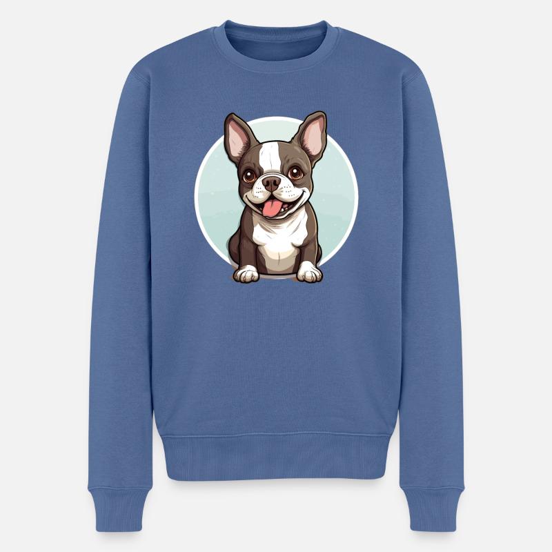 Chien Boston Terrier - Pull Premium bio Homme - bleu pigeon