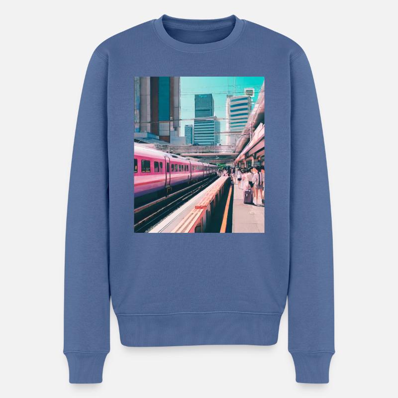 Bahnhof Tokio - Männer Premium Bio Pullover - Taubenblau