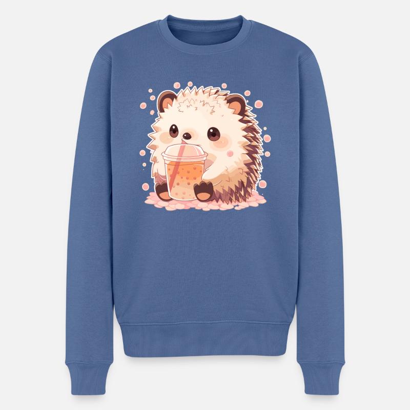 Kawaii Hedgehog Drinks Boba Bubble Tea Chibi - Men's Premium Organic Jumper - stone blue