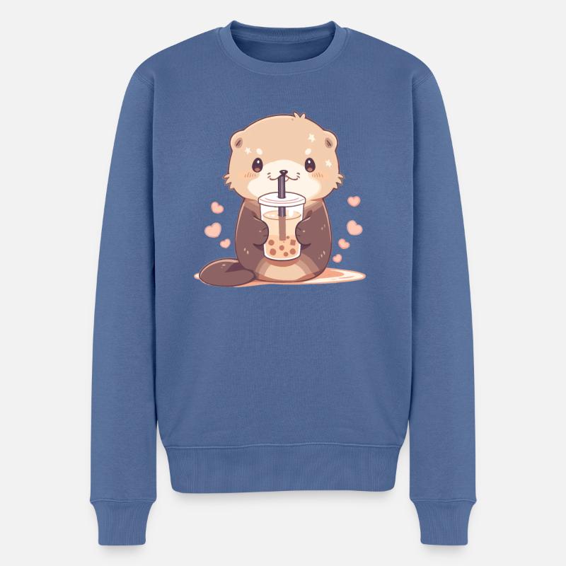 Kawaii Otter trinkt Boba Bubble Tea Chibi - Männer Premium Bio Pullover - Taubenblau