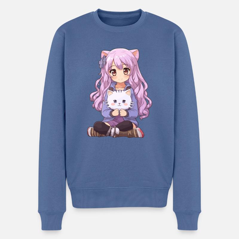 Kawaii Mädchen Anime Manga Mädchen und Katze - Männer Premium Bio Pullover - Taubenblau