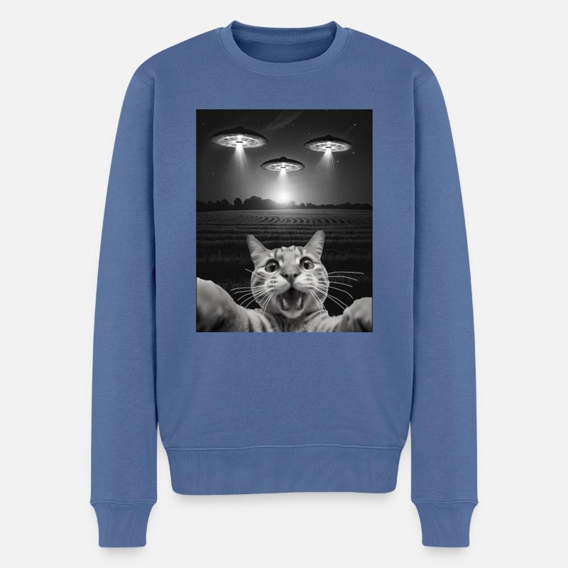 Lustiges Katzen Selfie Vor UFOs Katze UFO - Männer Premium Bio Pullover - Taubenblau