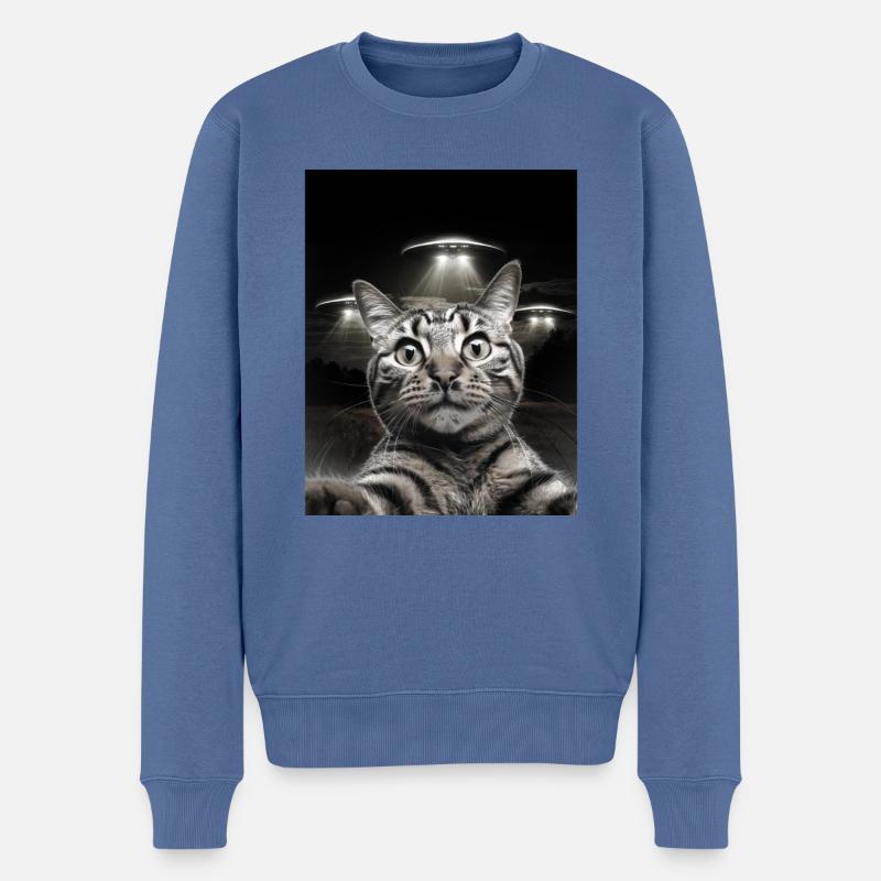 Lustiges Katzen Selfie Vor UFOs Katze UFO - Männer Premium Bio Pullover - Taubenblau