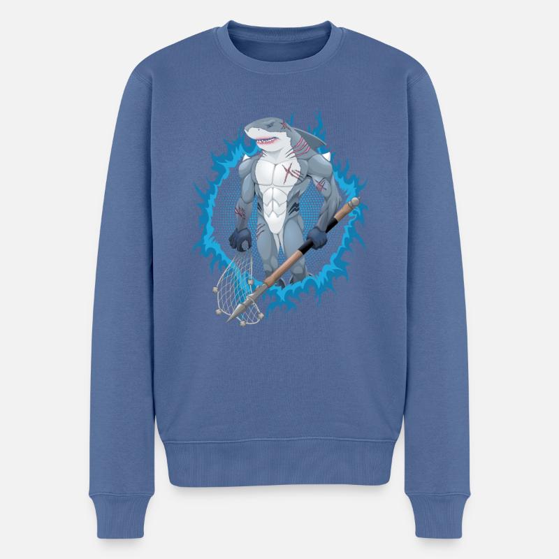 Hai-Mutant mit blauem Feuerhintergrund - Männer Premium Bio Pullover - Taubenblau