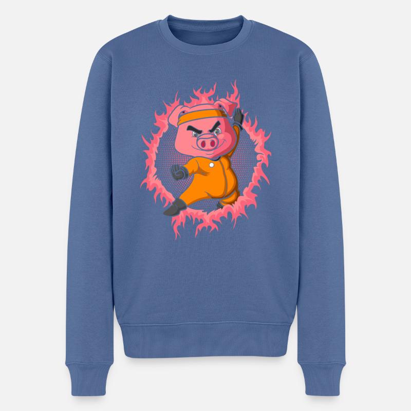 Kung Fu-Schwein mit Halbtonfeuer-Hintergrund - Männer Premium Bio Pullover - Taubenblau