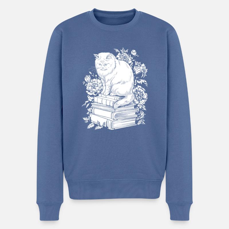 Katze Blumenbuchleser Floral Cottagecore - Männer Premium Bio Pullover - Taubenblau