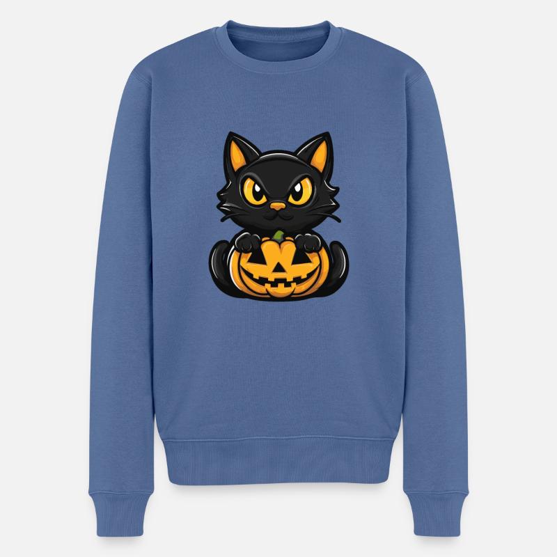 Chat Halloween Bande dessinée Chat - Pull Premium bio Homme - bleu pigeon