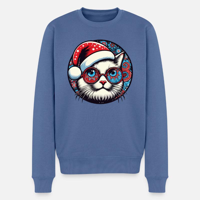 Chat, Noël, Chapeau - Pull Premium bio Homme - bleu pigeon