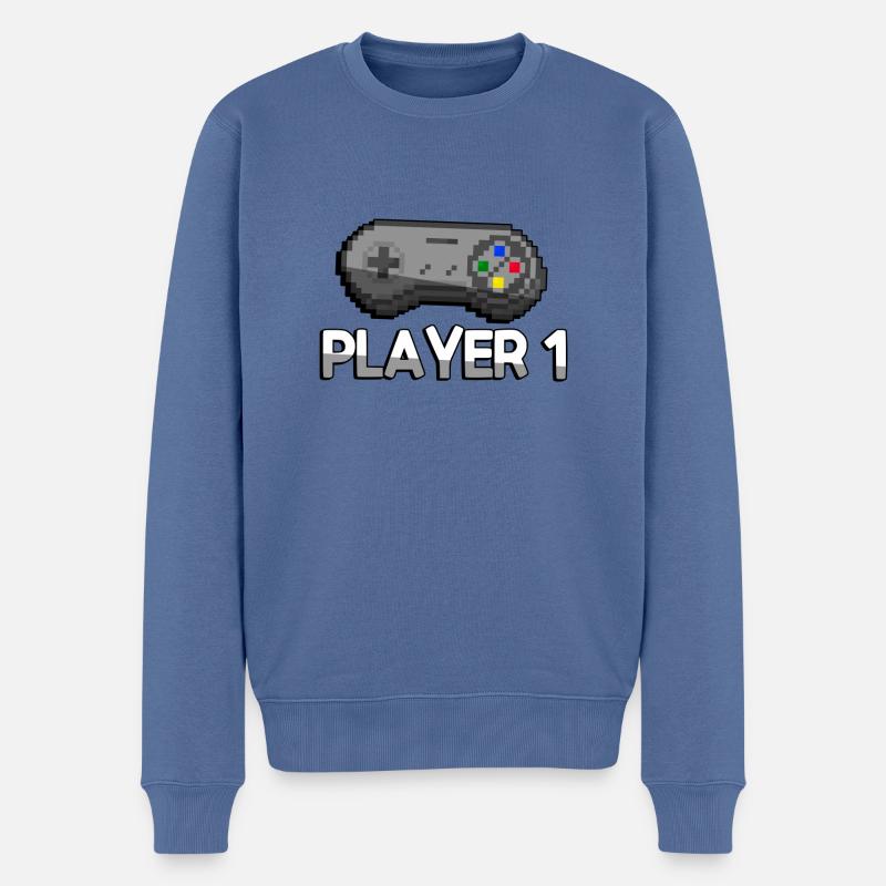 PLAYER 1 + SNES Controller - Gaming - Männer Premium Bio Pullover - Taubenblau
